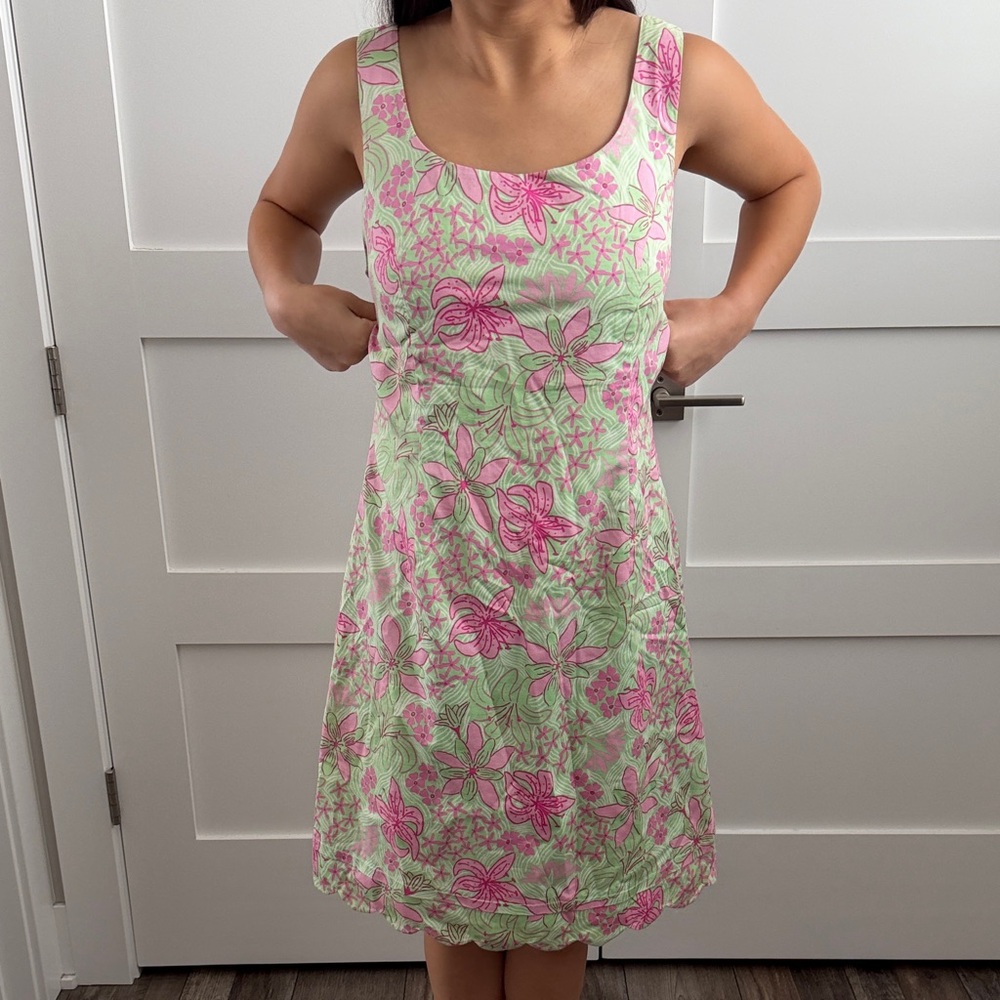 Lilly Pulitzer Green & Pink Floral Midi Dress Sz 14 Scalloped Hem Vintage Lilly